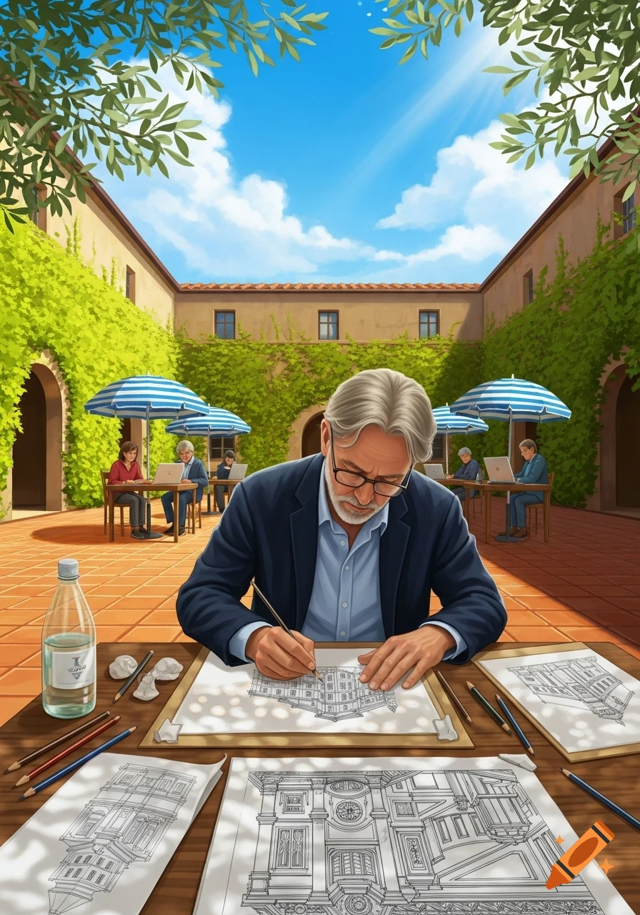A gray-haired man in glasses sketches an architectural design at a wooden table in a sunny, vine-covered courtyard, with others working in the background.