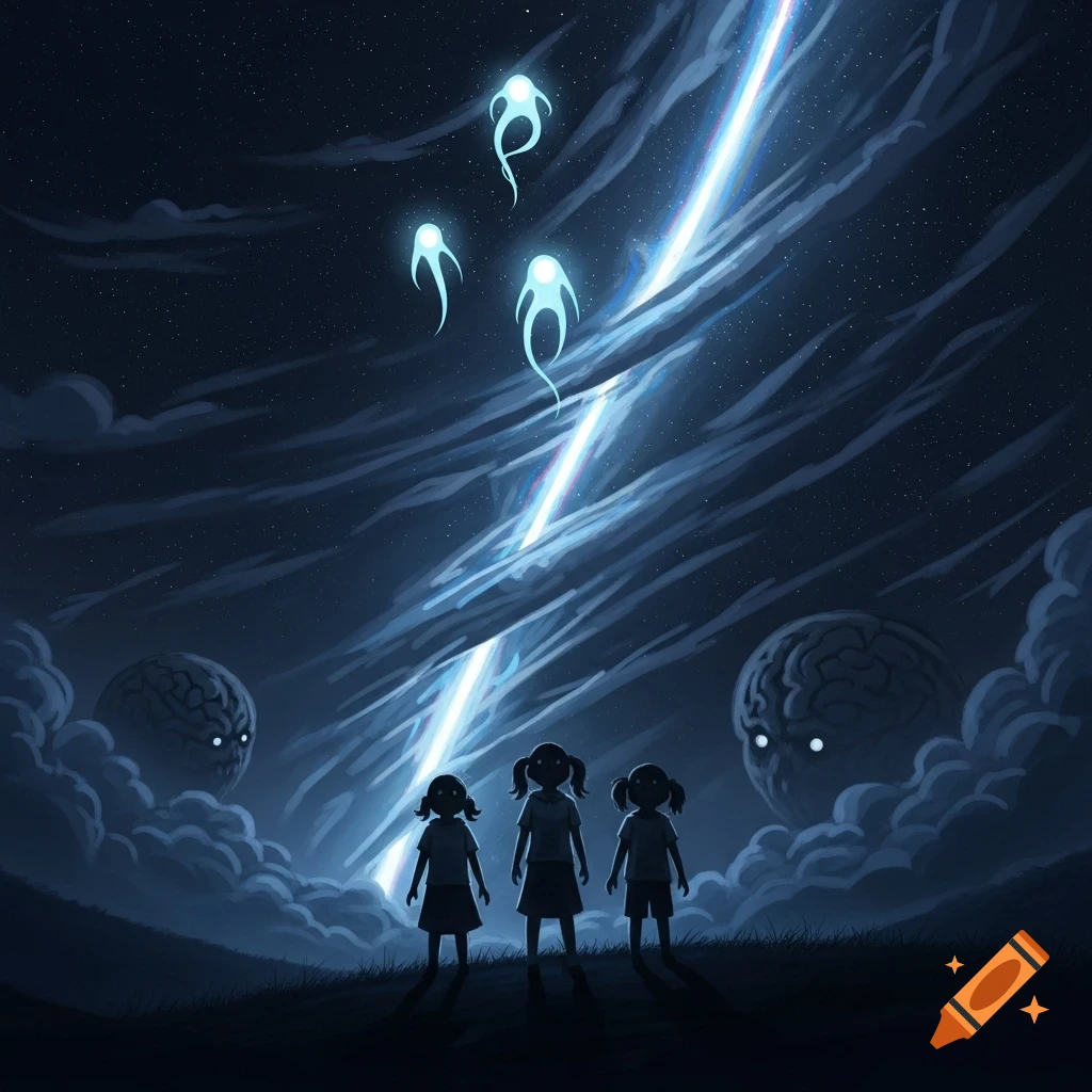 Three children silhouettes look up at a twisting, starry night sky with a bright light beam, floating luminous shapes, and subtle brain-like forms in the clouds.