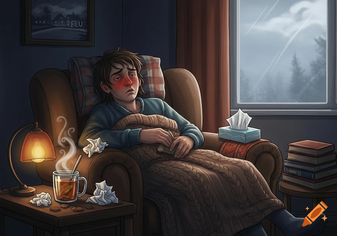 An ill person with red cheeks, wrapped in a blanket, sits in an armchair with a steaming mug and used tissues, looking out a window on a cold day. Illustrated style.