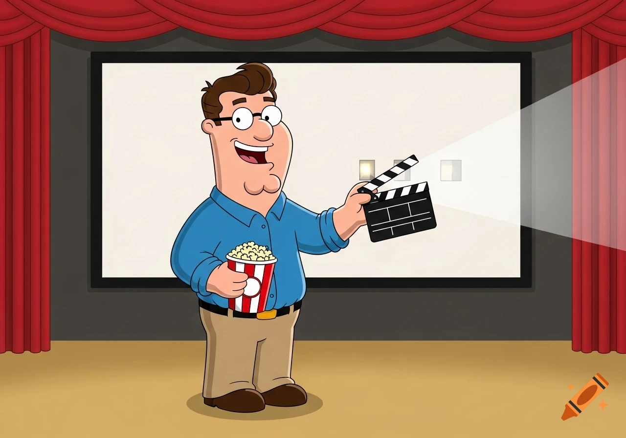 A cartoon man resembling Peter Griffin smiles, holding popcorn and a clapperboard in front of a movie screen with red curtains.