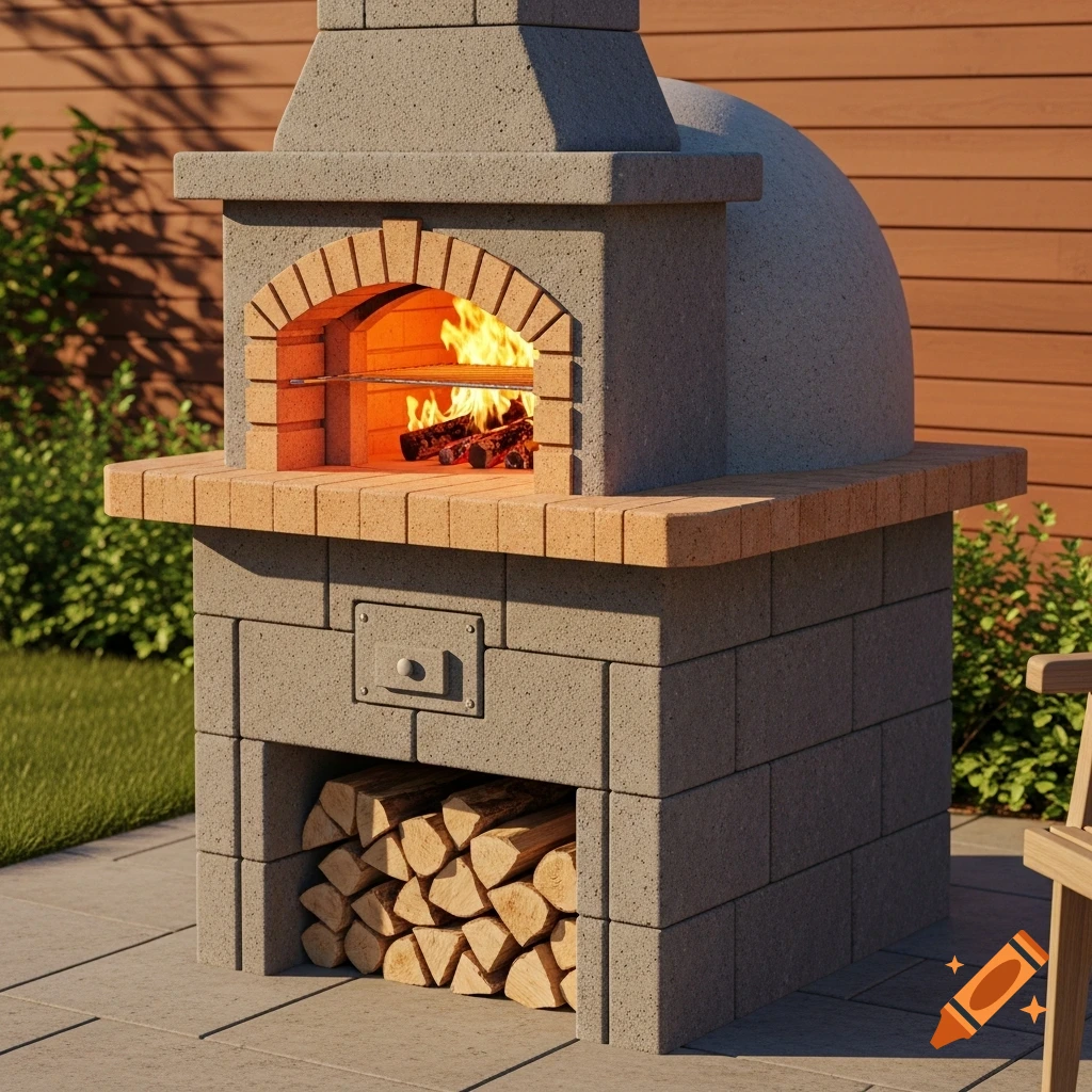 A concrete outdoor pizza oven with a small archway showing a wood fire burning and stacked logs below, set on a patio.