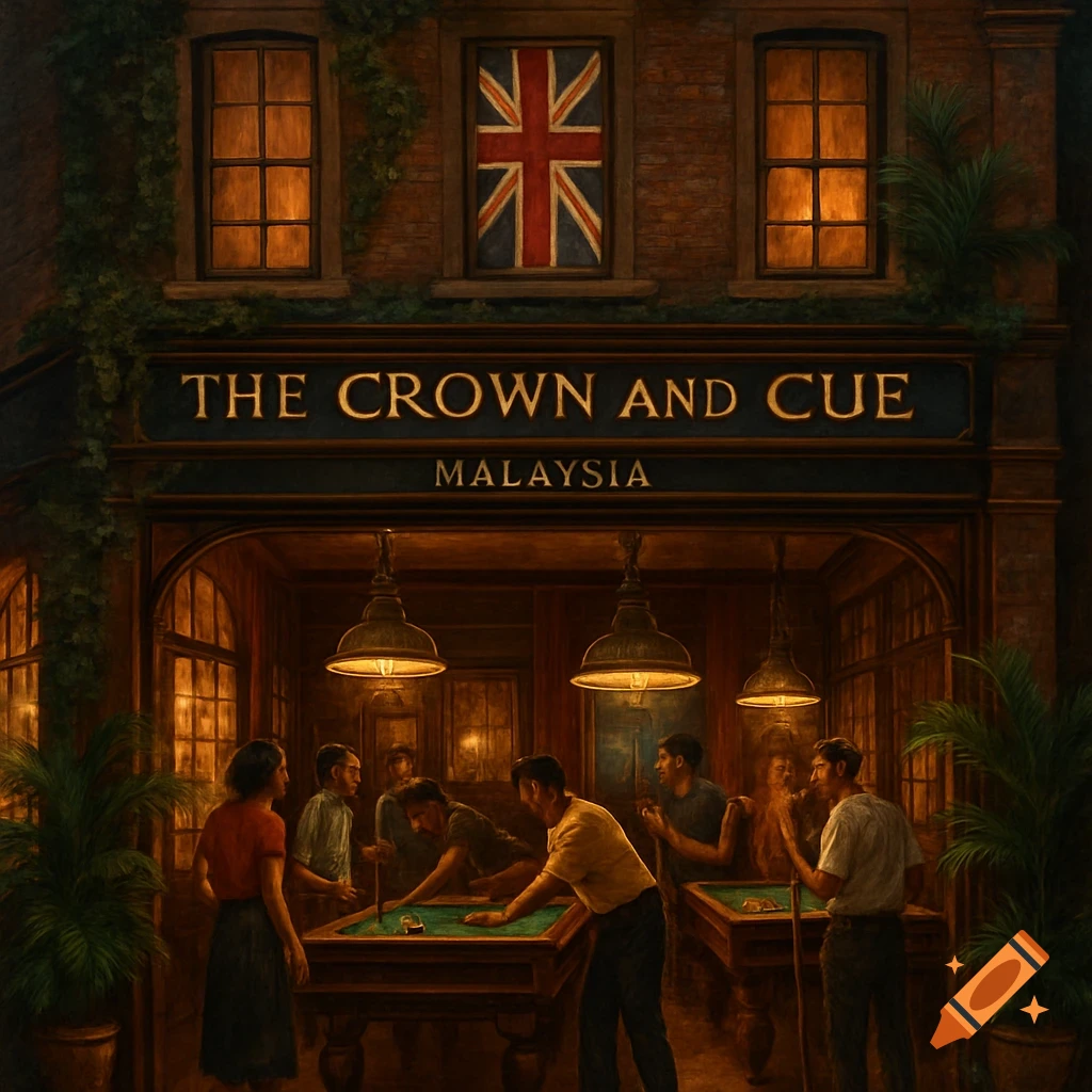 An atmospheric painting of a British-themed pub in Malaysia called "The Crown and Cue", with people playing pool tables inside, illuminated by warm lights.