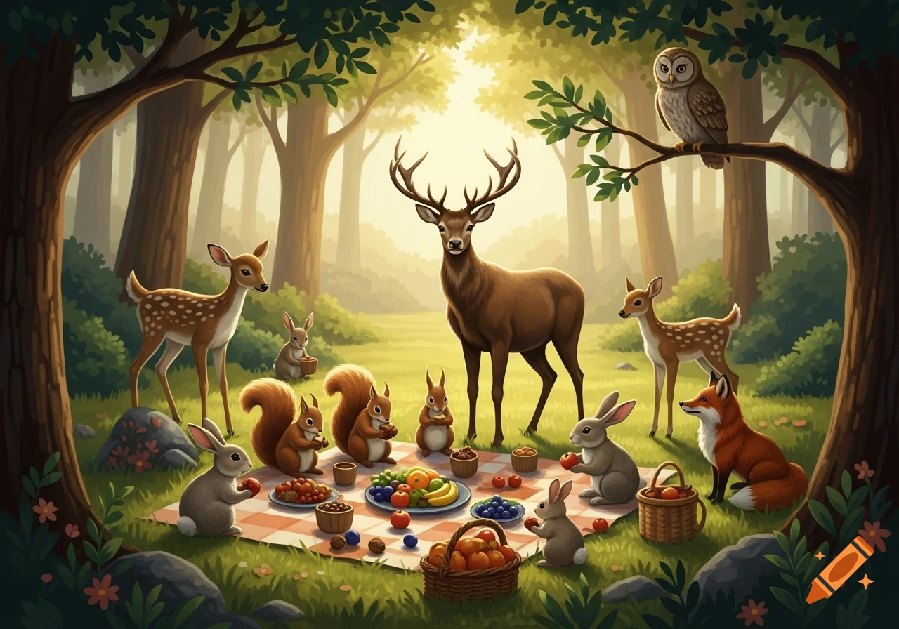 Forest animals, including deer, rabbits, squirrels, a fox, and an owl, gather for a sunny picnic in a lush forest clearing, illustration.
