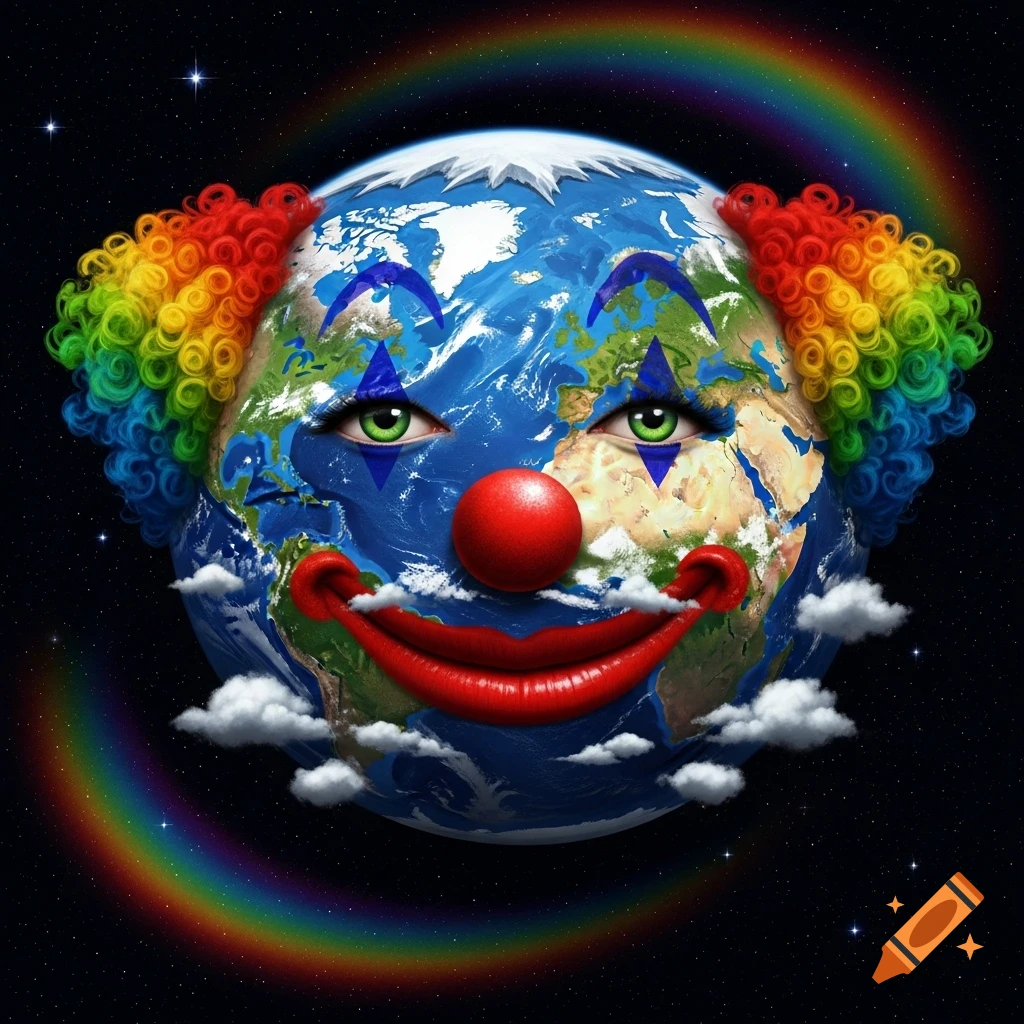 The Earth depicted as a clown face, with rainbow hair and makeup, floating in starry space with a rainbow arc.