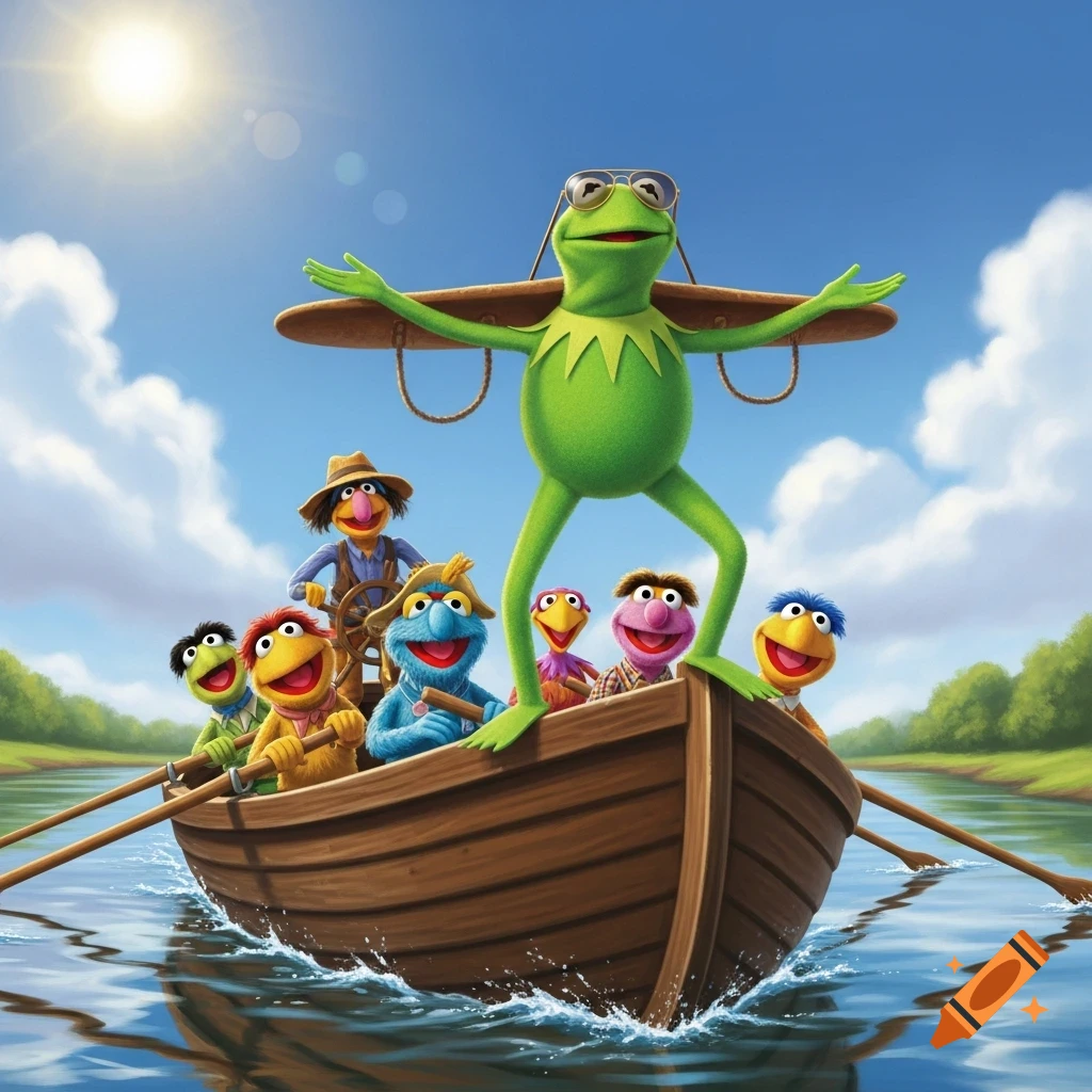 Kermit the Frog stands on a boat with arms out like a plane, wearing sunglasses, while other Muppets row on a sunny river.
