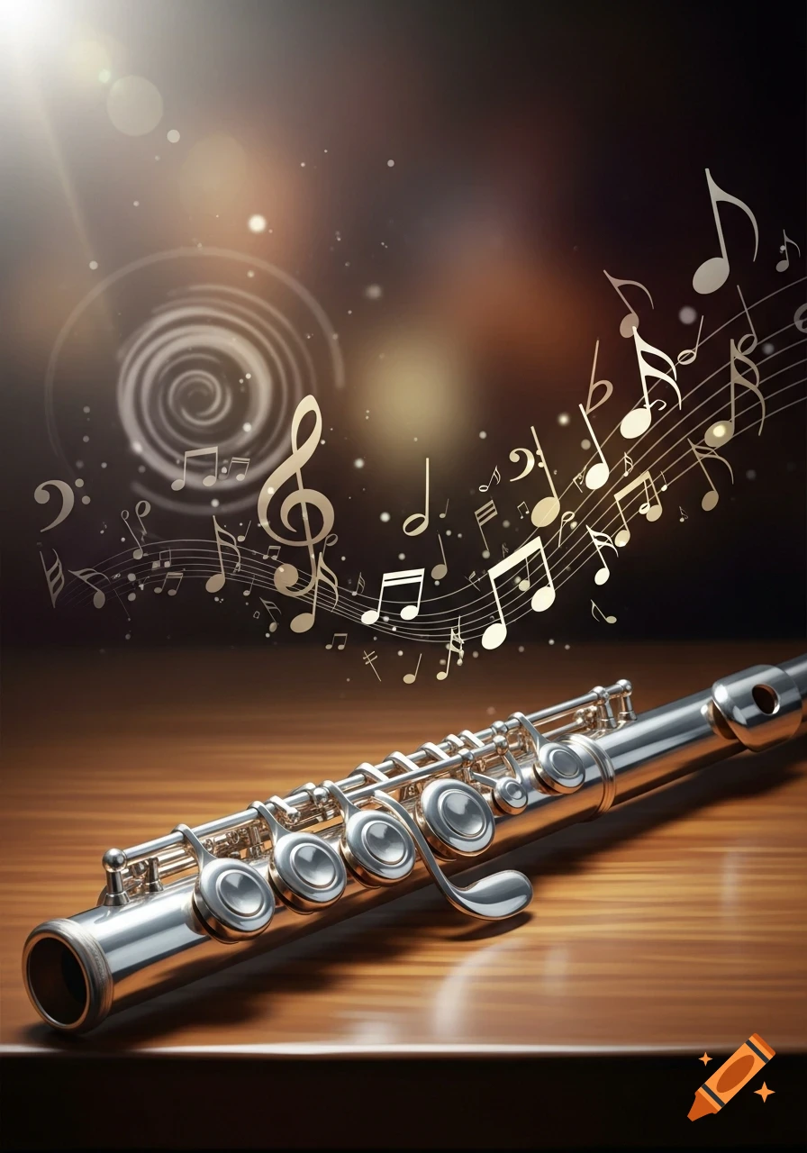 A silver flute rests on a wooden surface with golden musical notes and a treble clef floating above it against a dark, glowing background.