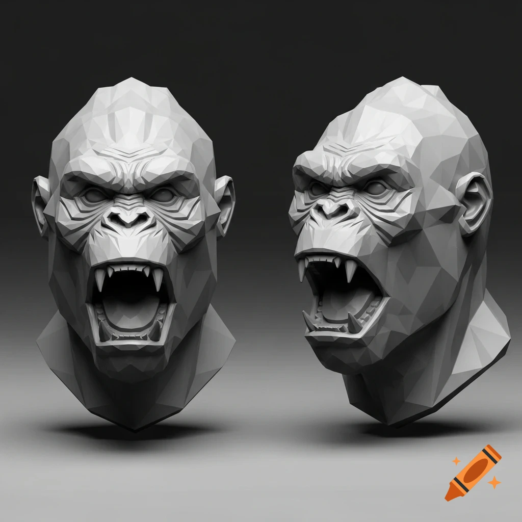 Two geometric, grey busts of an angry gorilla head with open mouths and fangs, shown from front and three-quarter views.