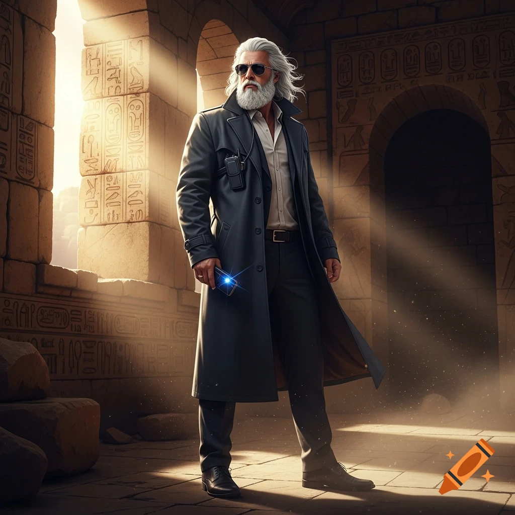 A white-haired man with a beard and sunglasses, wearing a black trench coat, stands in an ancient Egyptian temple.