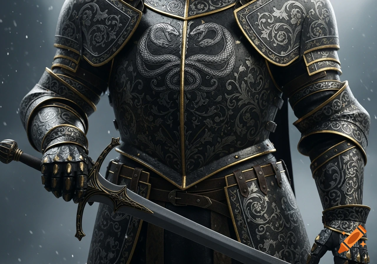 A detailed dark and gold knight's armor with intricate baroque inscriptions and two intertwined serpents on the chest, holding a claymore.