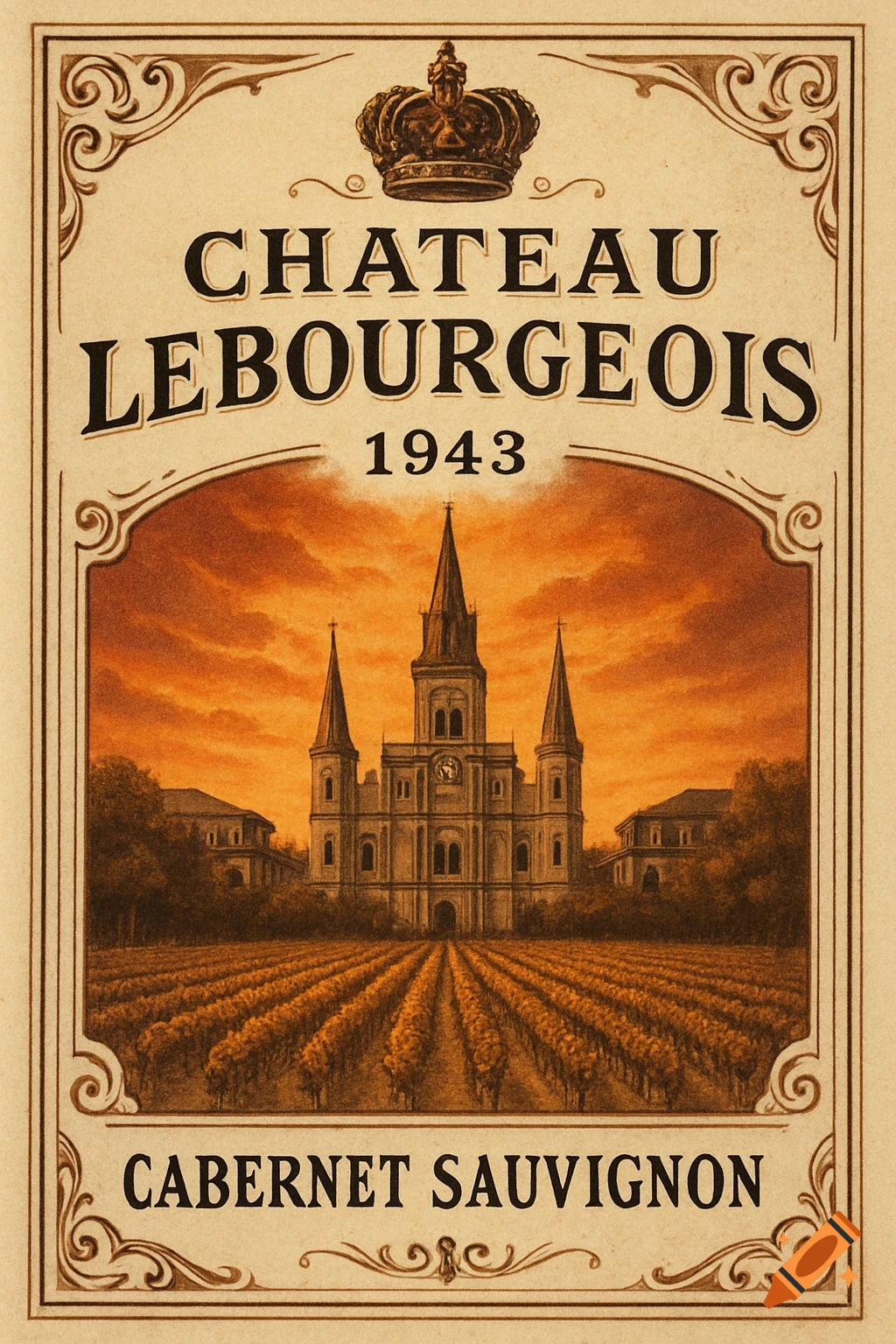 Vintage wine label featuring St. Louis Cathedral, a vineyard, and a sunset sky, with the text 'Chateau LeBourgeois 1943 Cabernet Sauvignon'.
