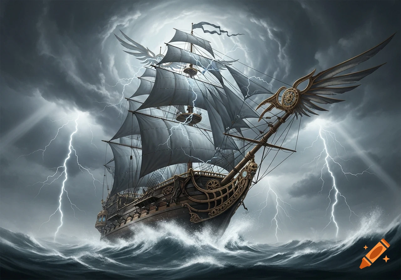 A gothic steampunk sailing ship with black sails and golden wings battles a fierce storm with lightning over dark waves.