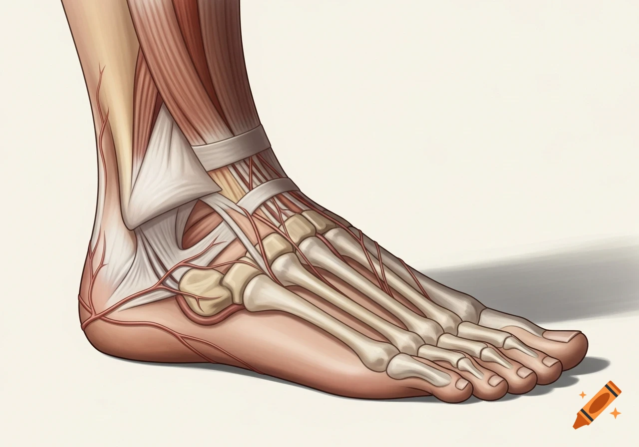 Illustrated cross-section of a human foot showing bones, muscles, tendons, and veins.