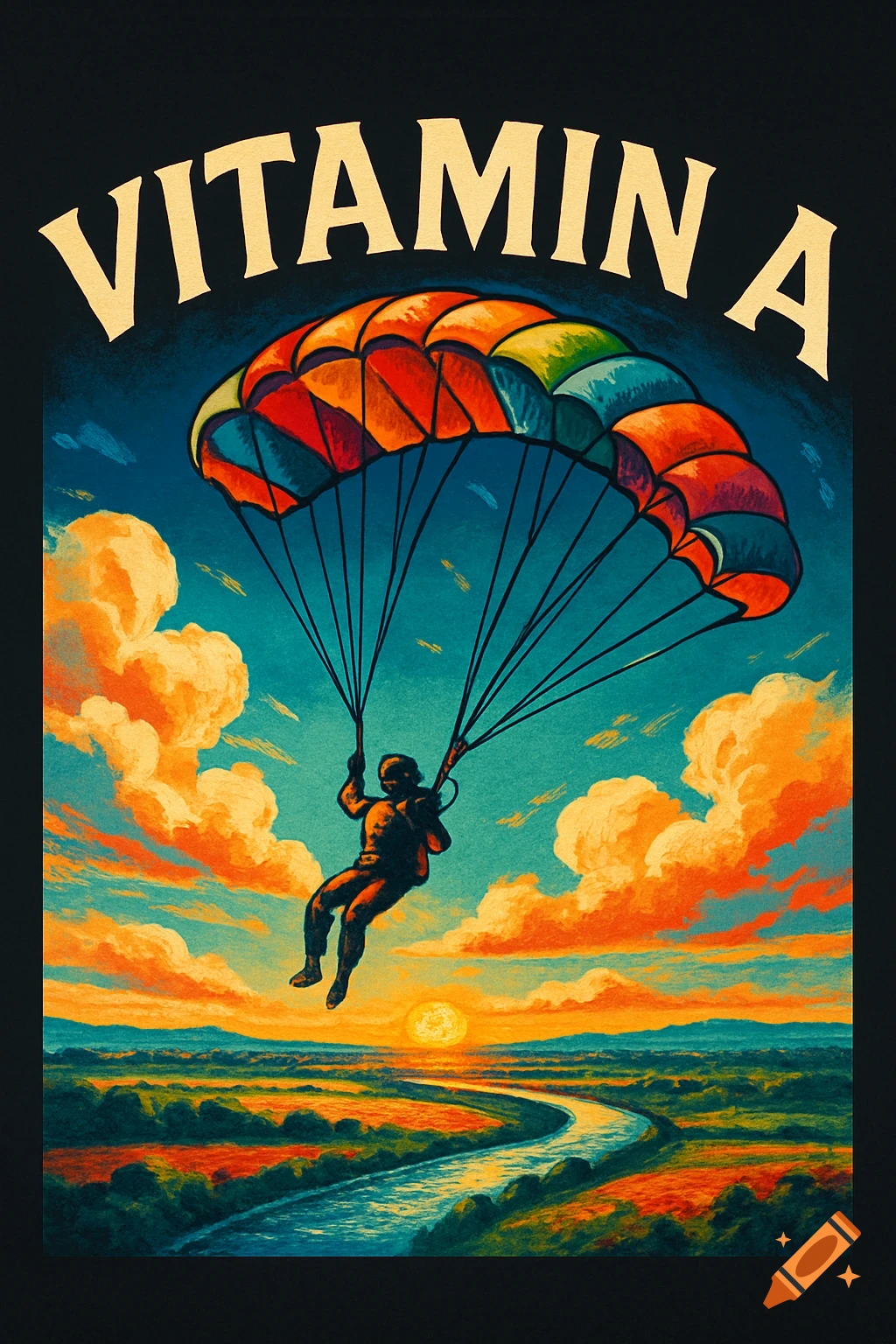 A person with a colorful parachute descends over a vibrant landscape with a river and sunset, under an orange and blue sky. Text reads 'Vitamin A' in a vintage poster art style.