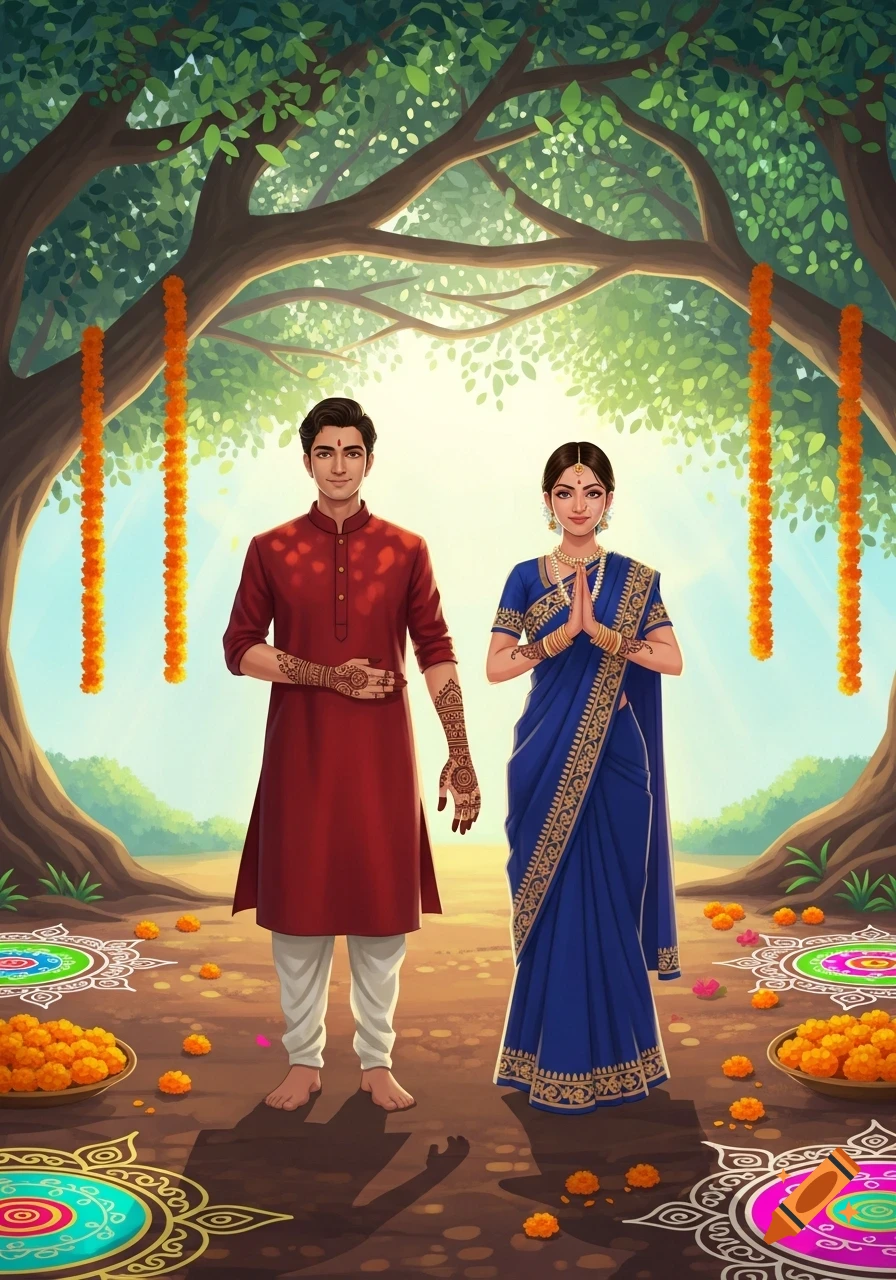 Illustration of an Indian man and woman in traditional attire, standing under a tree with marigold garlands and rangoli patterns. The woman performs namaste.