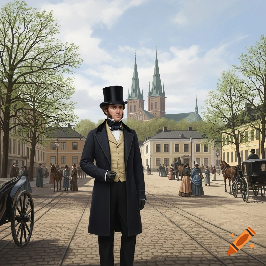 A man in a top hat and coat stands on a cobblestone street in a 19th-century city, with a cathedral in the background. Illustrated style.