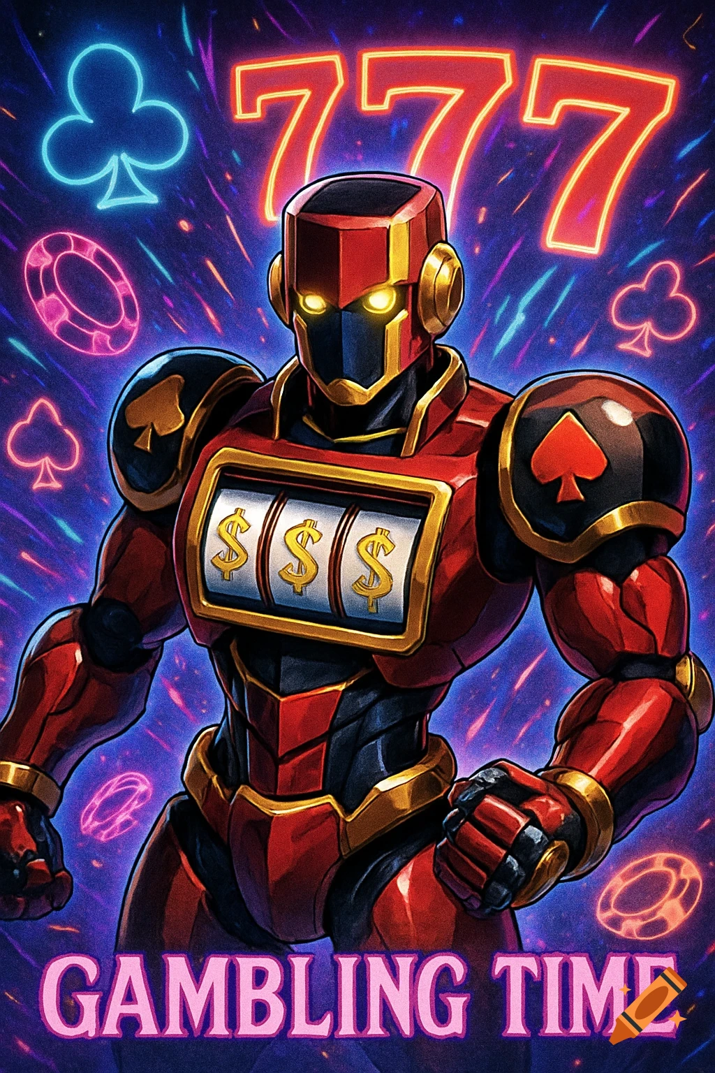 A red and black humanoid robot with a slot machine on its chest, glowing eyes, and casino symbols. Neon '777' and 'GAMBLING TIME' text in a vibrant graphic style.