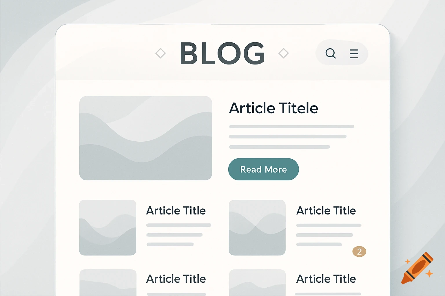 A clean, modern blog interface design on a screen, featuring article cards with placeholder images and text.