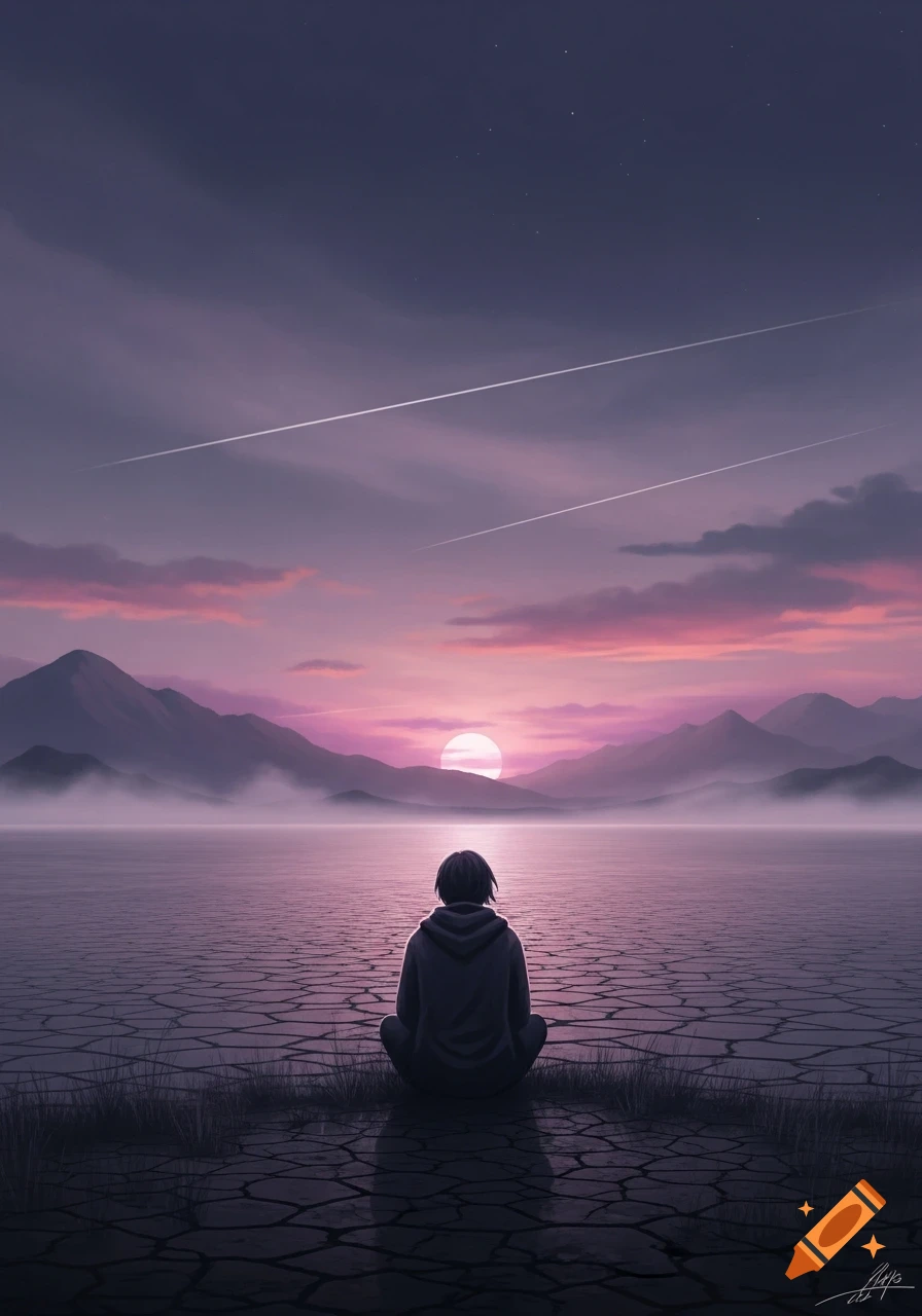A solitary person sits on cracked ground, gazing at a vibrant pink and purple sunset over a misty lake and mountains, in digital art style.