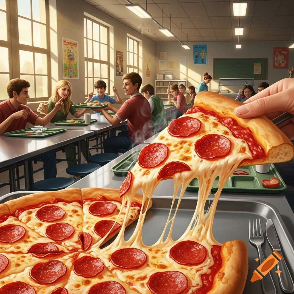 A close-up of a steaming slice of pepperoni pizza being lifted with a long cheese pull, in a school cafeteria filled with students.
