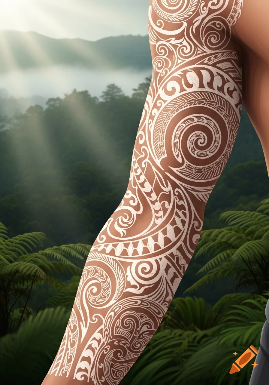 A close-up of an arm covered in intricate white Māori-style tribal tattoos, set against a lush, misty green forest with sun rays.