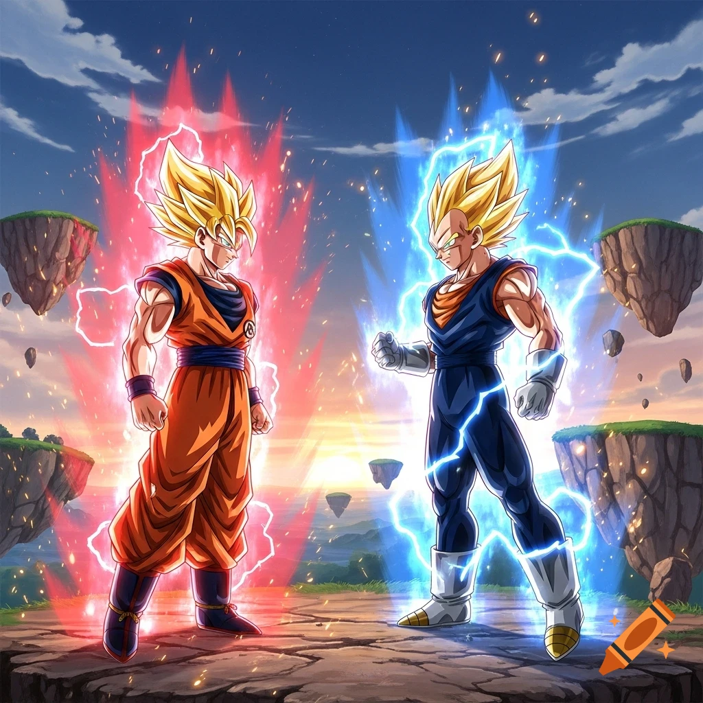 Anime characters Goku and Vegeta stand on rocky platforms, glowing with red and blue energy against a sunset sky.