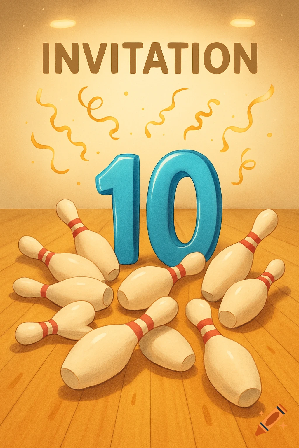 An illustration of a bowling-themed invitation card with the word 'INVITATION', a large blue '10', and scattered bowling pins and confetti.