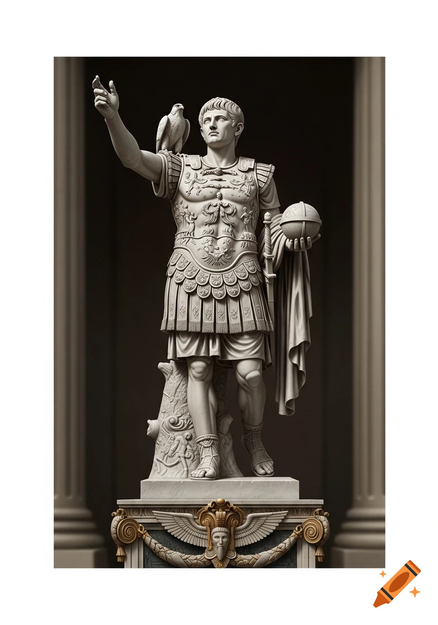 A white marble statue of a Roman emperor in decorated armor, holding a globe, with a falcon on his shoulder.