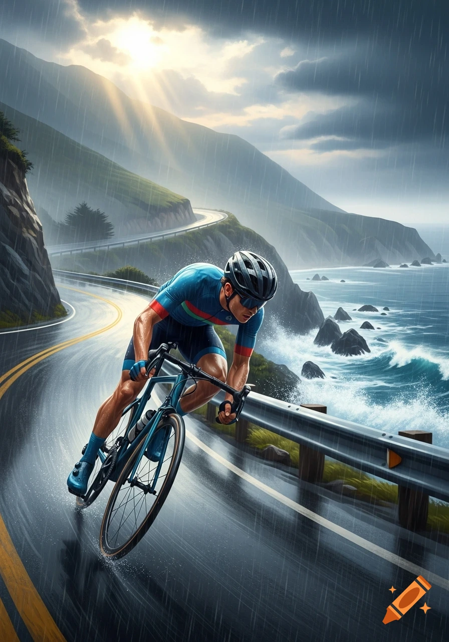 A cyclist speeds downhill on a winding coastal road in the rain, with sun rays breaking through clouds over the ocean.