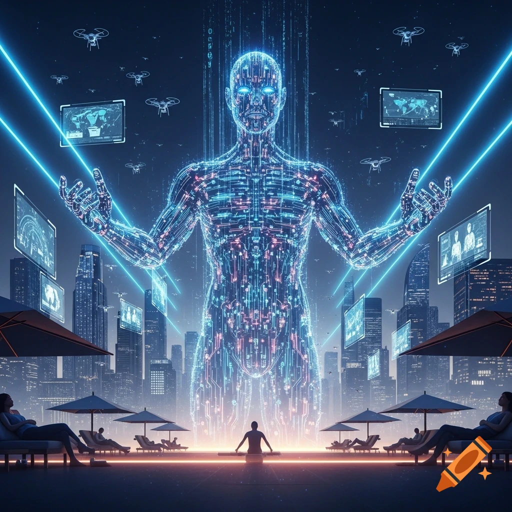 A glowing, circuit-board-like humanoid figure towers over a futuristic city skyline, with people relaxing by a pool in the foreground. Drones and holographic screens display data.