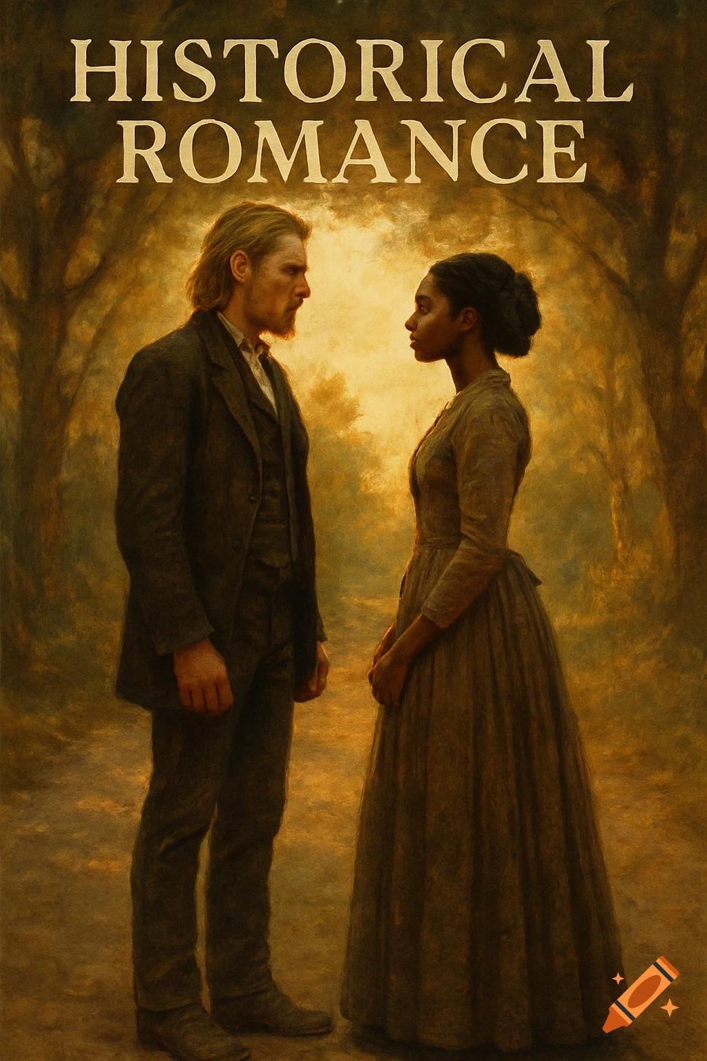 Painterly historical romance cover: A man and woman in 19th-century attire face each other on a tree-lined road under golden light. Title: HISTORICAL ROMANCE.