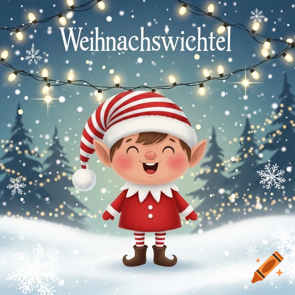 Smiling cartoon Christmas elf in red and white outfit and striped hat, standing in a snowy forest with string lights. Text: Weihnachtswichtel.