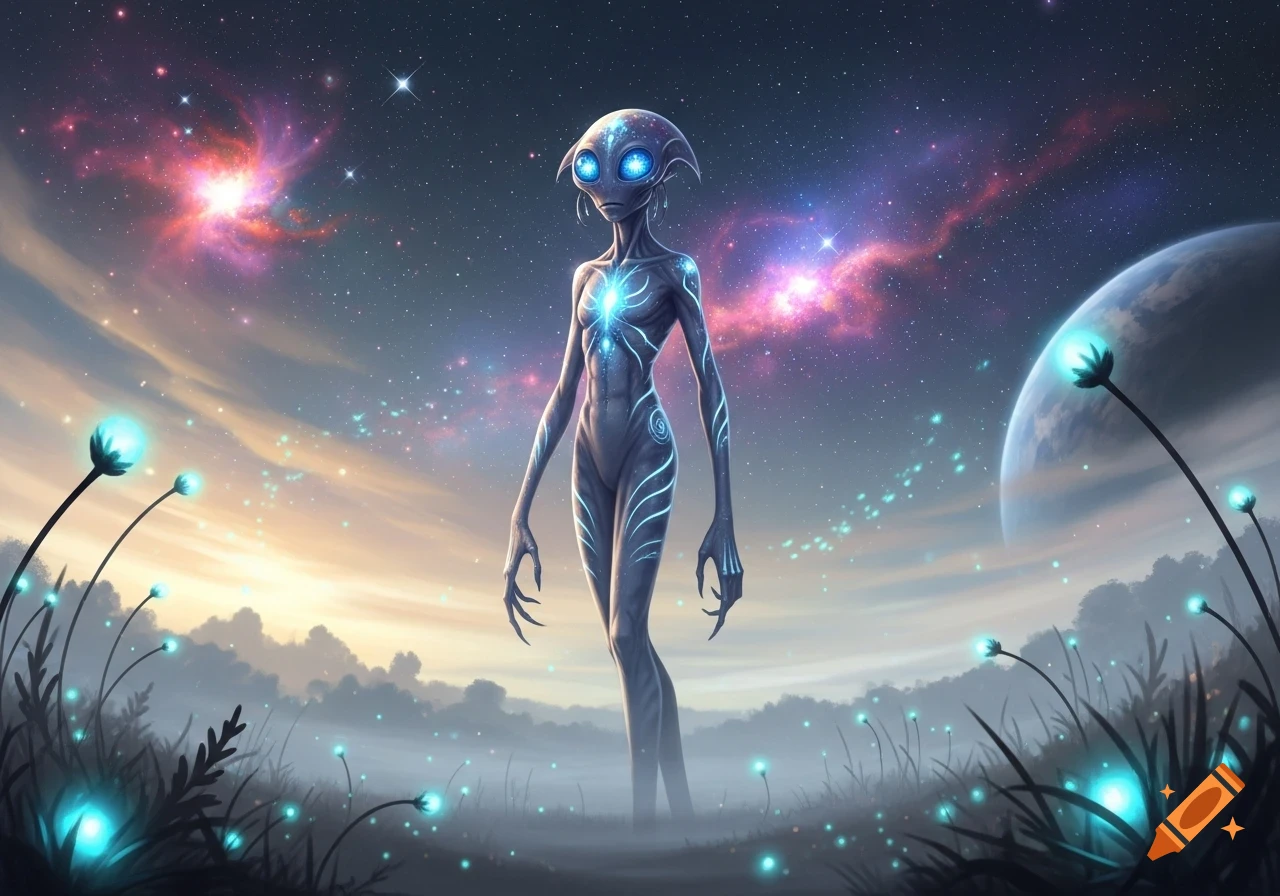 A grey alien with glowing blue eyes and bioluminescent patterns stands in a field of glowing plants under a vibrant starry sky with a planet in the background.