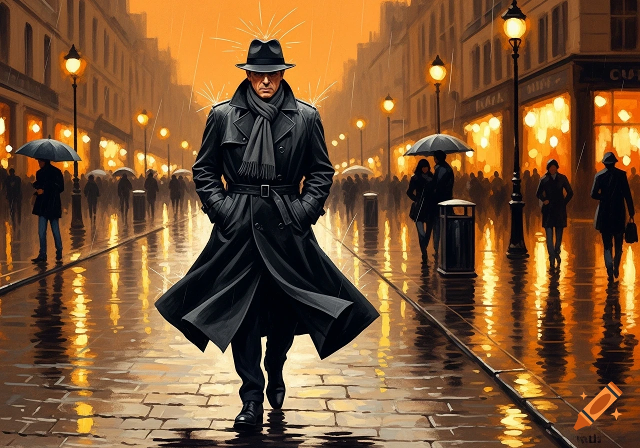 Impressionistic painting of a detective in a black trench coat and fedora walking on a rainy, glowing orange city street at night, with blurred figures and reflections.