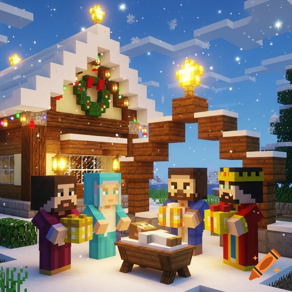 A festive Minecraft scene depicting a snowy Christmas nativity with Jesus, Mary, and three kings outside a decorated house.