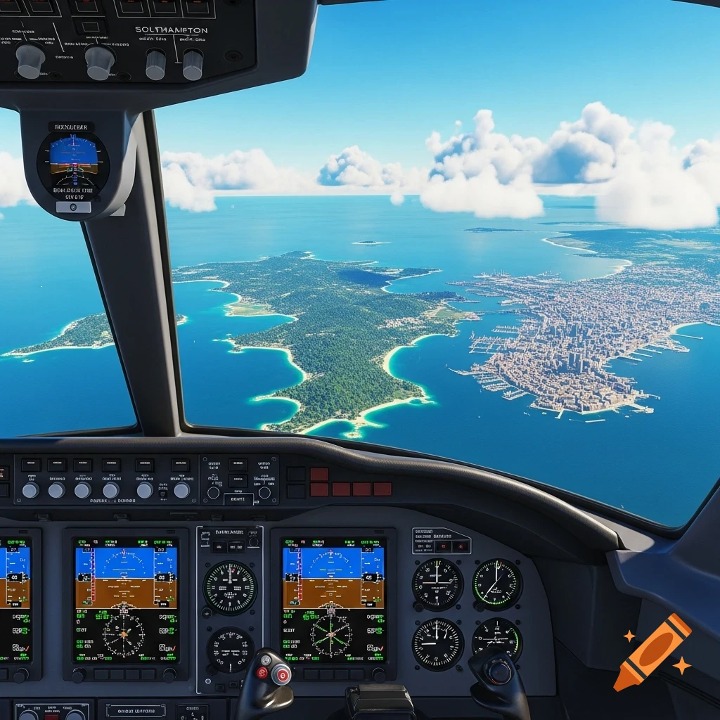 An aerial view from an airplane cockpit looking out over a green island, a sprawling coastal city, and blue ocean under a clear sky.