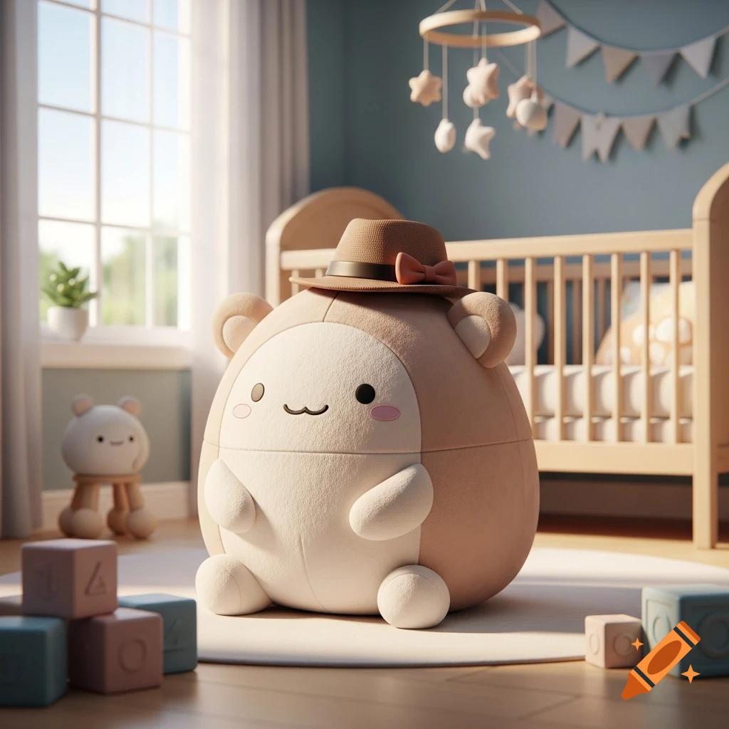 A cute, round beige and white plushie wearing a fedora hat sits on a rug in a sunny baby's room with a crib and toy blocks.