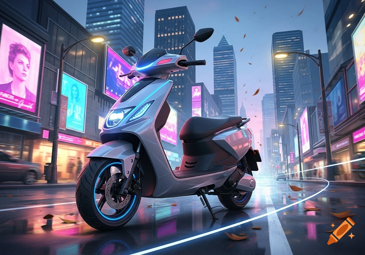 A silver scooter with glowing blue accents parked on a wet city street at night, reflecting neon lights from billboards and buildings.