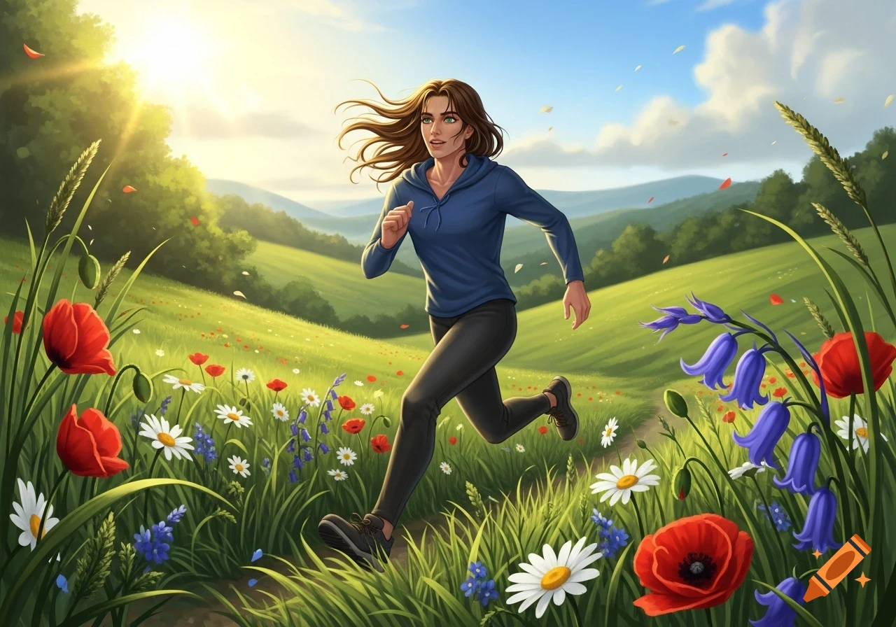 A person with brown hair runs through a vibrant, sunlit meadow filled with red poppies, white daisies, and bluebell flowers, in an illustrative style.