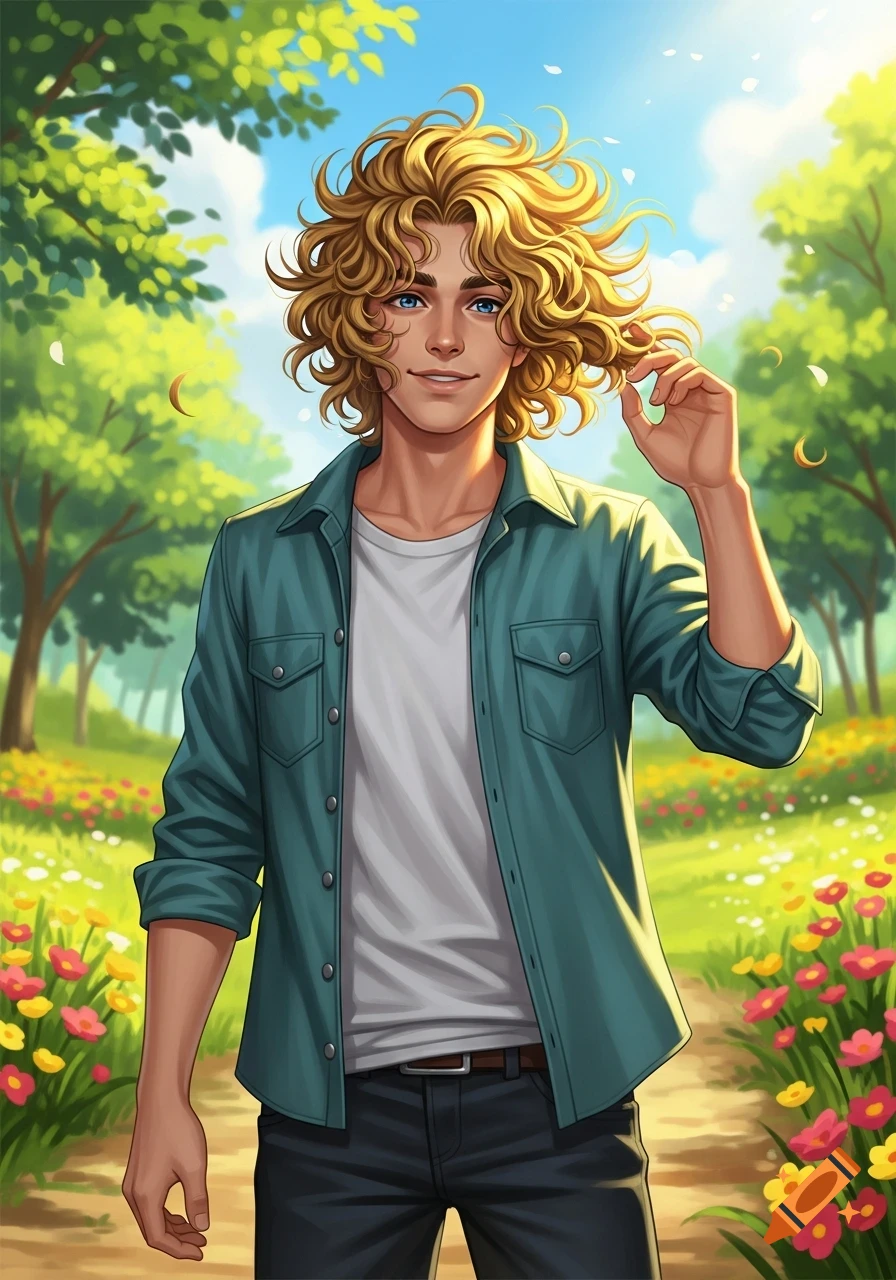 Stylized illustration of a smiling young man with curly blonde hair running his hand through his hair in a sunny park with trees and flowers.