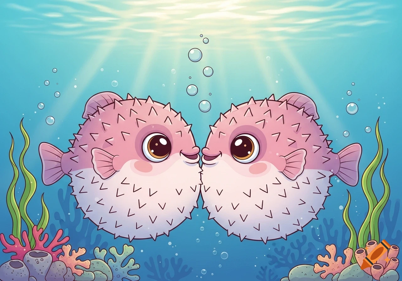 Two cute pink cartoon pufferfish with large eyes kiss underwater, surrounded by coral and seaweed, with sunbeams from above.