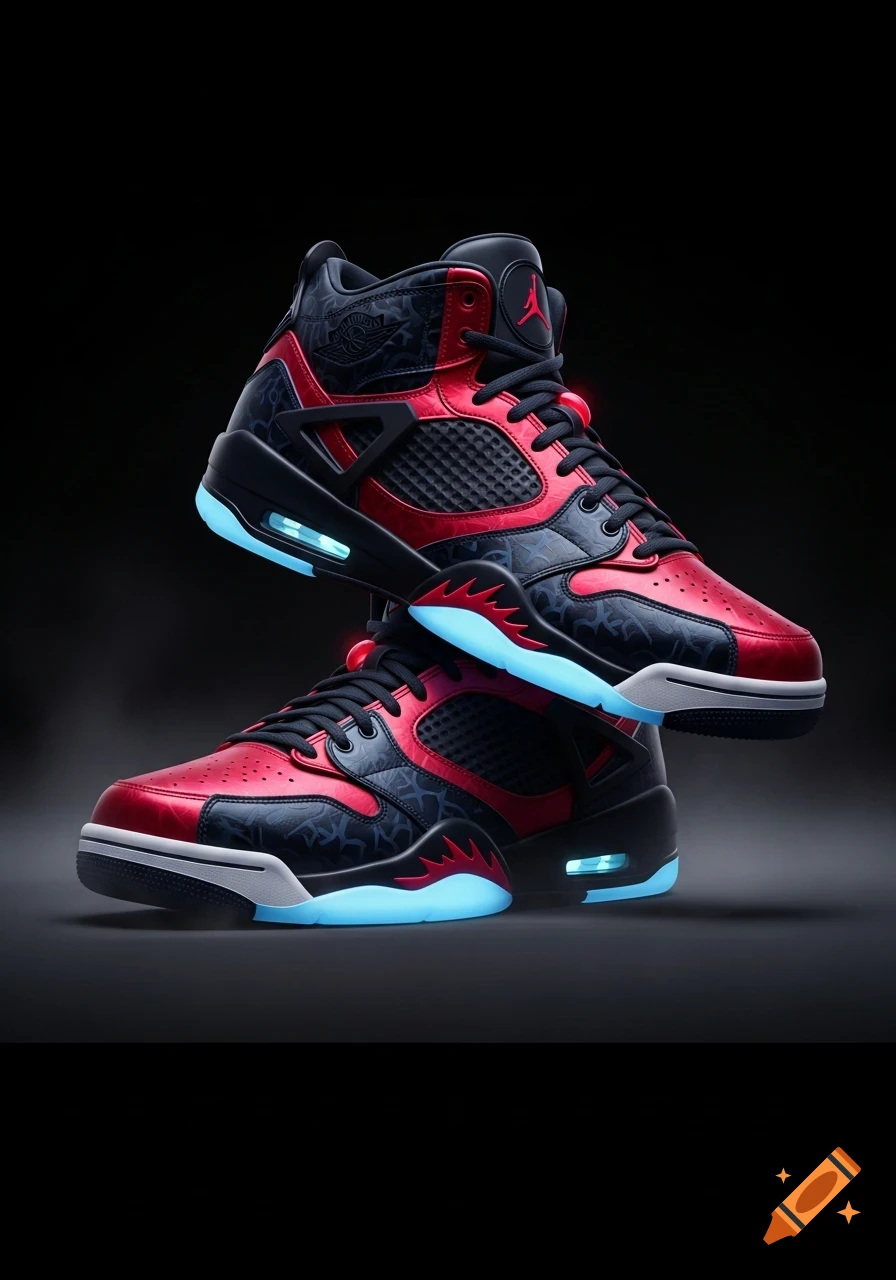 Two black and red Jordan sneakers with glowing blue soles, one stacked atop the other, on a dark background.