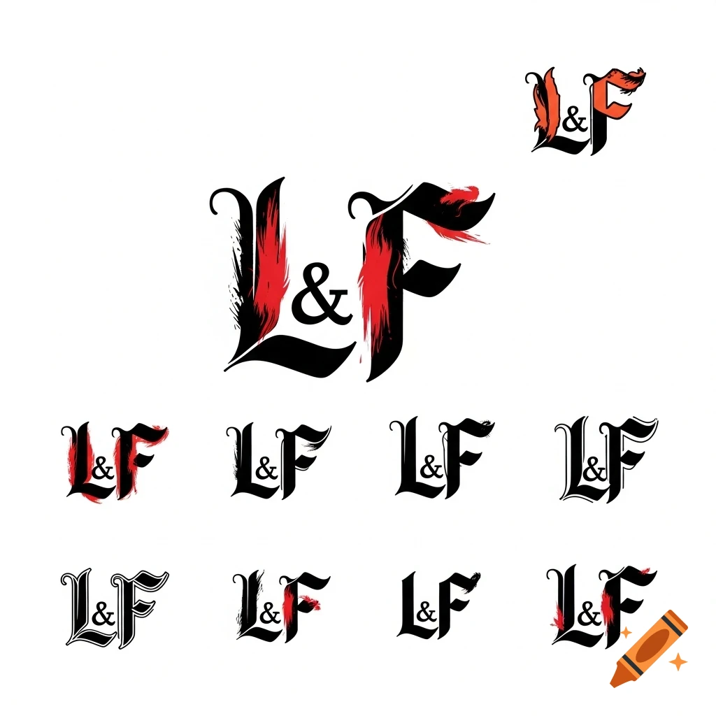 Several stylized monograms featuring black and red letters L & F with brushstroke effects on a white background.