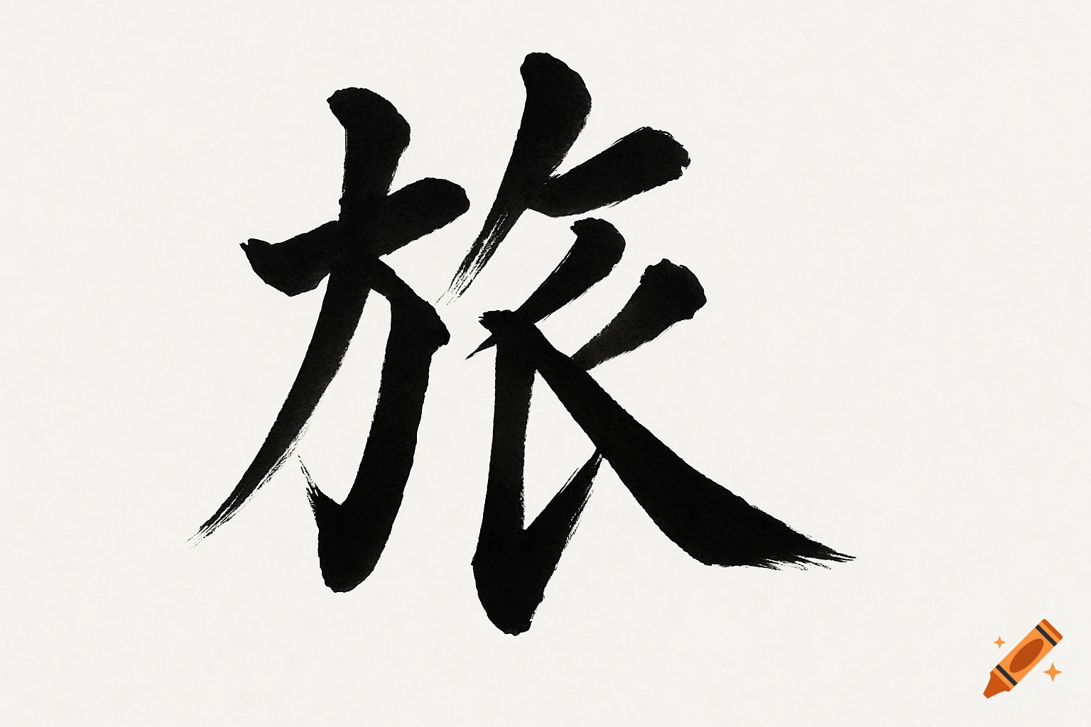 Japanese kanji character 旅 (tabi), meaning 'travel', rendered in black ink brush calligraphy on white.