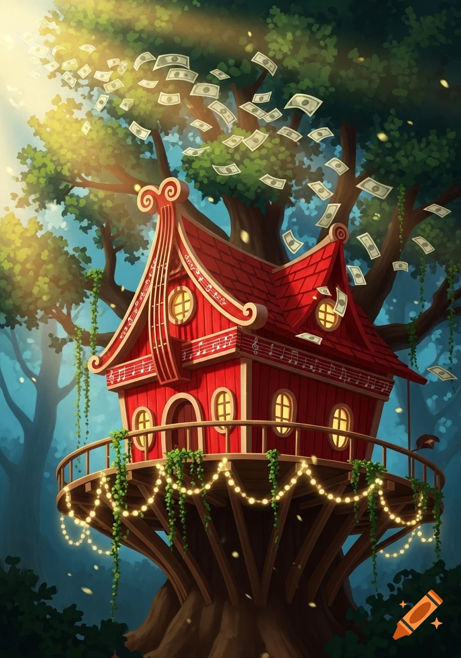 A whimsical red treehouse adorned with musical notes and fairy lights ...