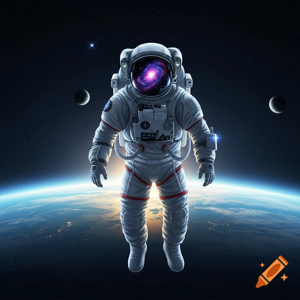 An astronaut floats in space above Earth, with a galaxy reflected in their helmet visor.