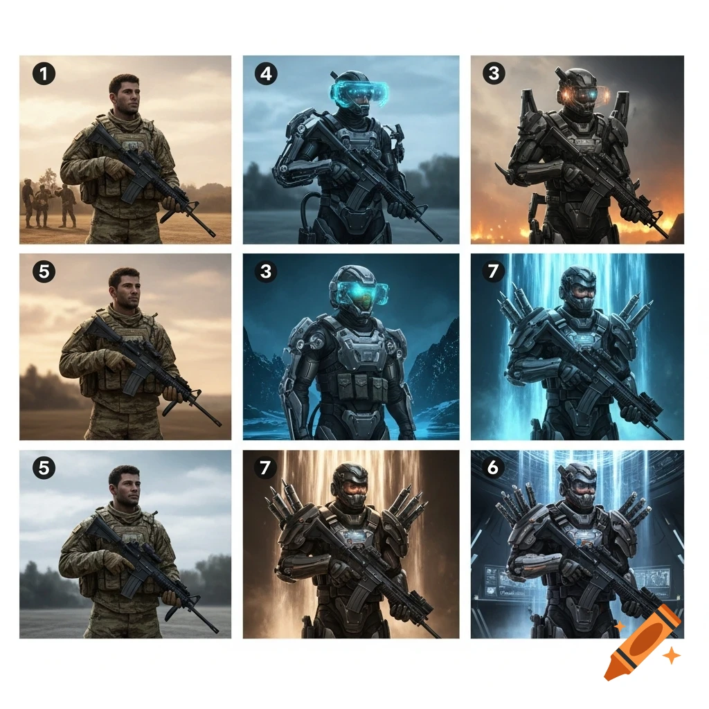 A grid of nine images showing the evolution of a soldier from modern army camouflage to various forms of futuristic black armor with glowing visors and energy effects, holding rifles.
