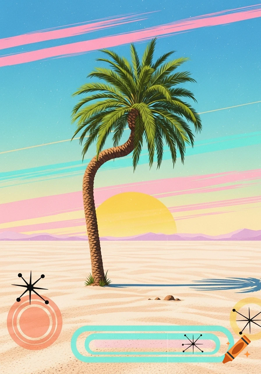 A vibrant 60s vintage-style illustration of a palm tree in a desert, featuring a large yellow sun and abstract shapes.