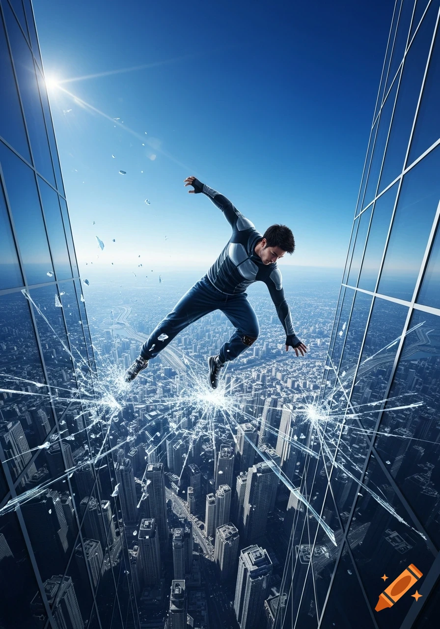 A man in athletic gear falls dramatically through a shattered glass floor high above a sprawling city between skyscrapers, with bright sun.