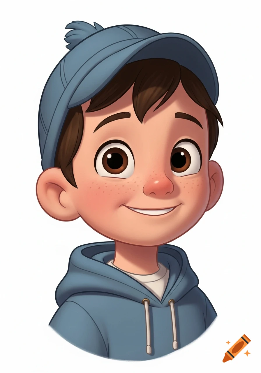 A cartoon boy with brown hair, big brown eyes, freckles, wearing a blue beanie and a blue hoodie, smiling.