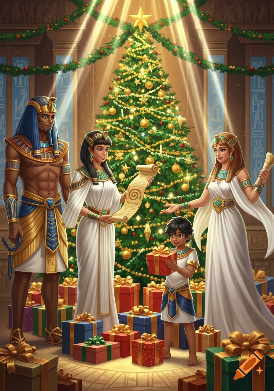 An ancient Egyptian family, resembling Osiris, Isis, and Horus, celebrates Christmas around a decorated tree, opening gifts in a grand hall.
